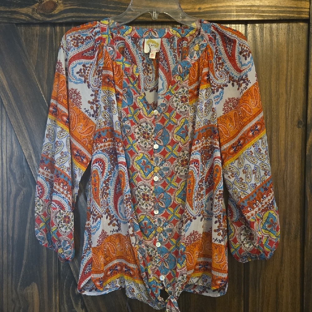 Angie Orange and Blue Tie Front Blouse